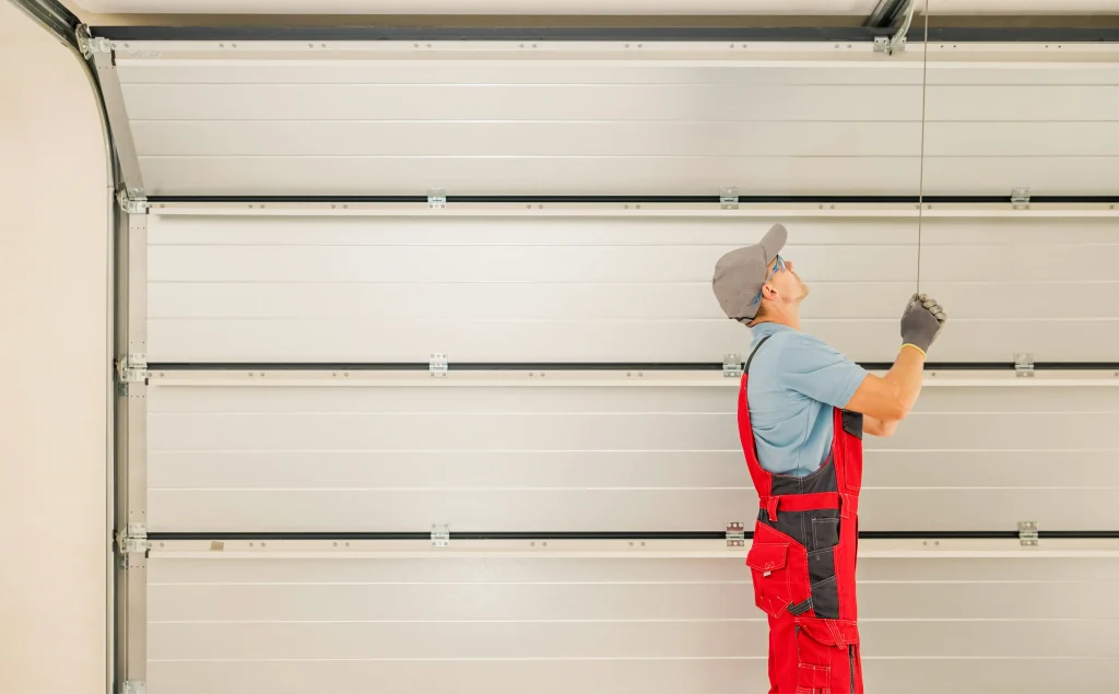 Technician in red overalls and a cap adjusts a cable in a garage, offering maintenance tips to extend the life of your white sectional garage door.