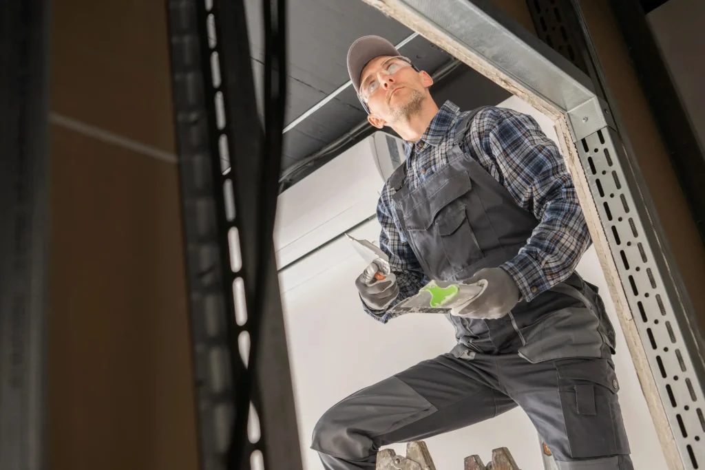 A worker wearing a cap and gloves diligently uses pliers and a cable connector, balancing on a ladder amid metal shelving. His attention to detail is key for life extension of systems, applying practical maintenance tips to keep everything running smoothly.